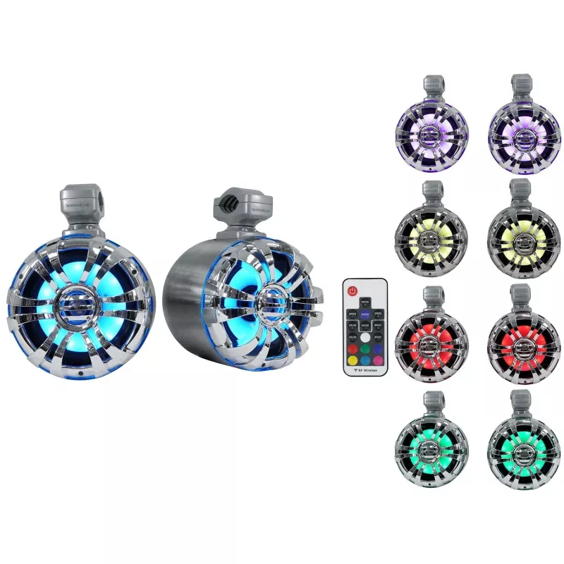 (2) Rockville WB65KLS Silver 6.5" 300w Metal Marine Wakeboard LED Tower Speakers
