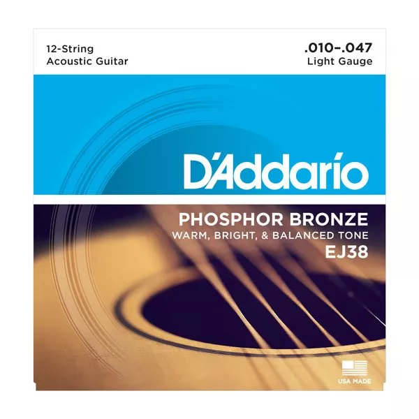 3x DAddario EJ38 12 String Acoustic Guitar Phosphor Bronze Light 10-47 EJ38 String Set – South Coast Music