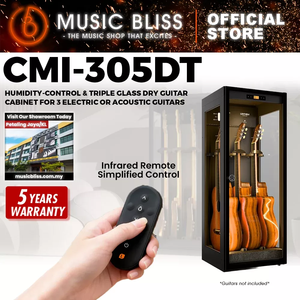 Lenthem CMI-305DT Humidity-Control & Triple Glass Dry Guitar Cabinet for 3 Electric or Acoustic Guitars - Black